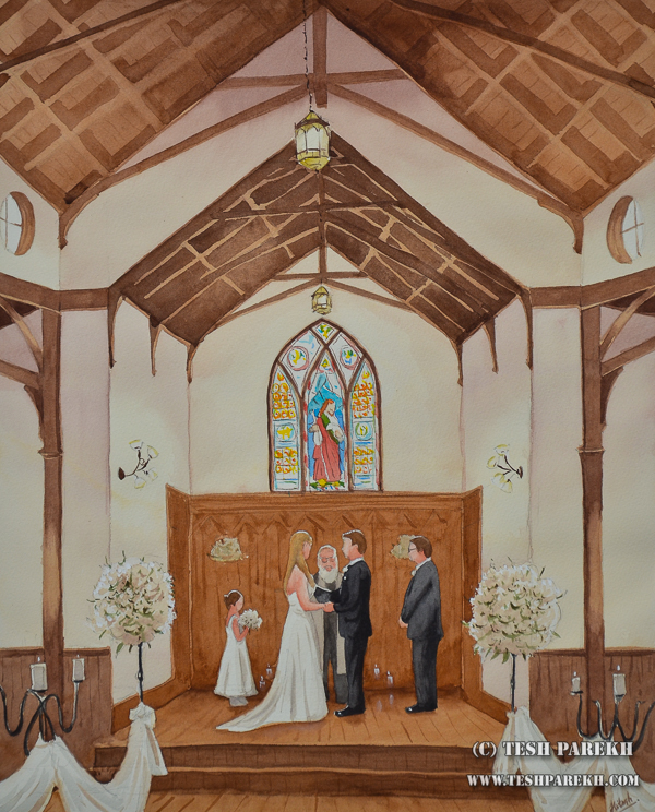 Kathe and Todd. Wedding Painting of All Saints Chapel Ceremony. 20x16 Watercolor Studio Commission.