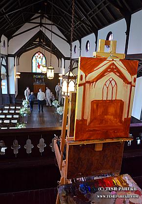 Live Wedding easel set up in chapel